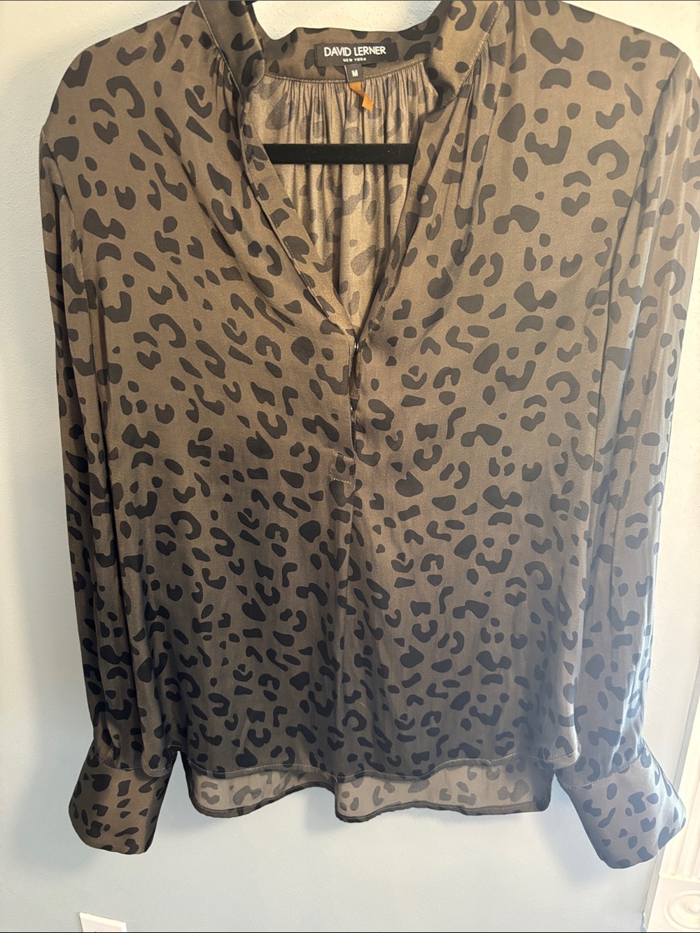 David Lerner Olive Brown Leopard Print V-Neck Blouse, Size Med.